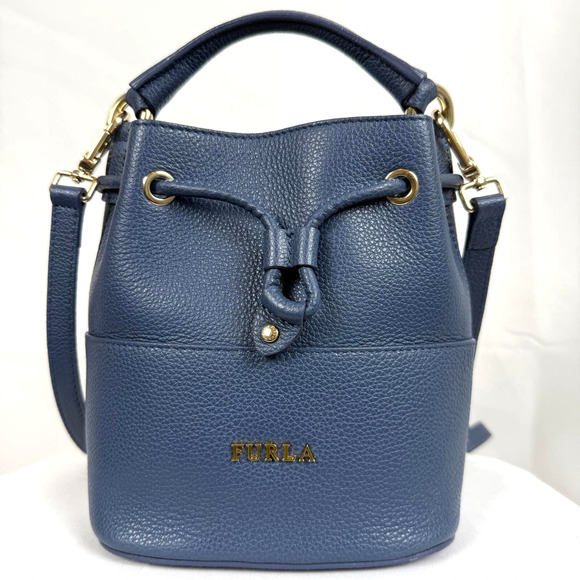 Furla Soft Pebbled Leather Drawstring Bucket Crossbody Handbag Stacy Blue $328 - Picture 2 of 9